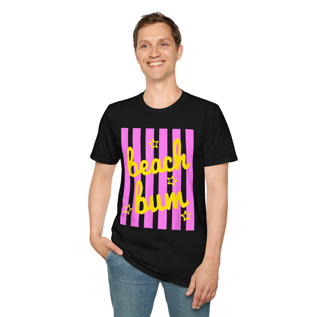 Beach Bum T‑Shirt — Pink Stripes & Yellow Script Summer Tee