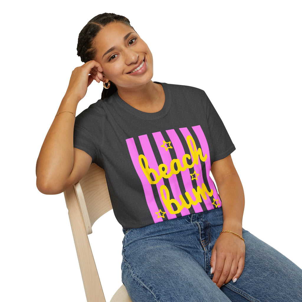 Beach Bum T‑Shirt — Pink Stripes & Yellow Script Summer Tee