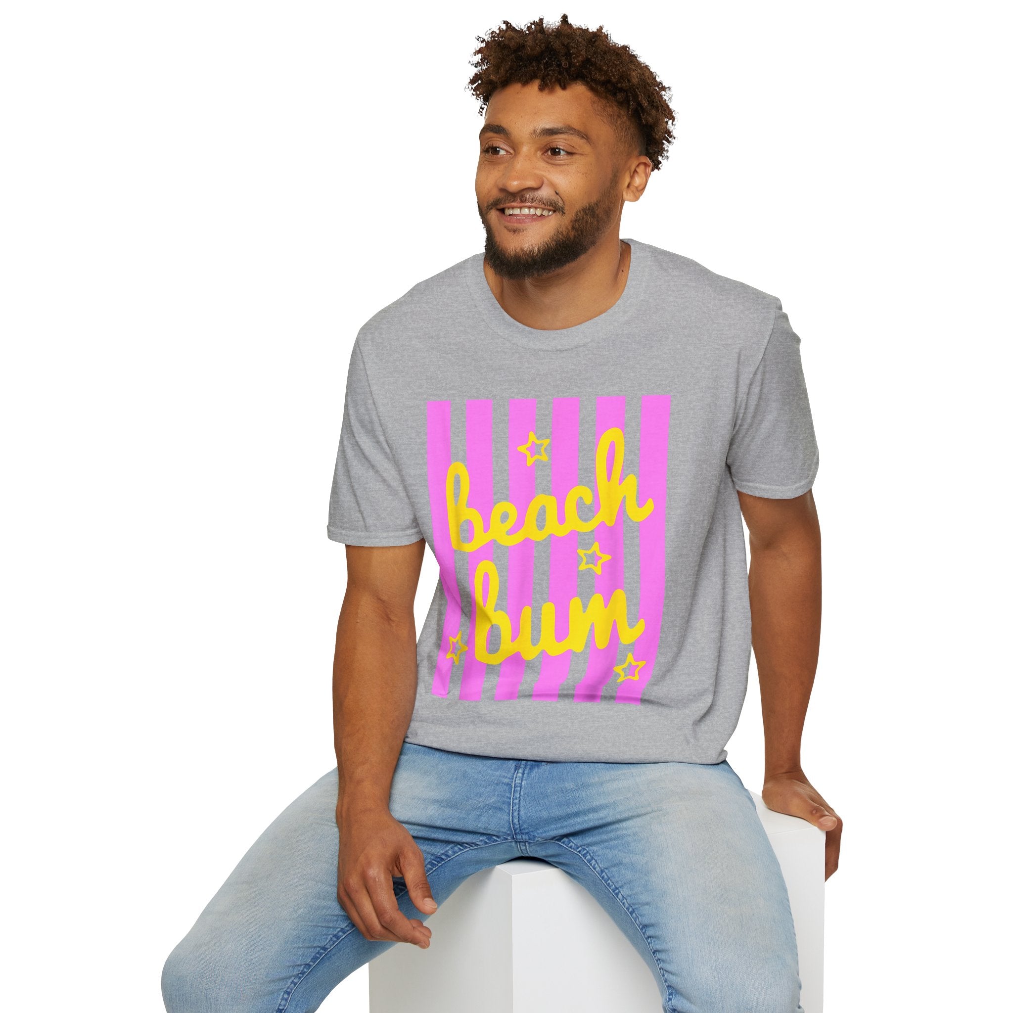 Beach Bum T‑Shirt — Pink Stripes & Yellow Script Summer Tee